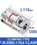 Heavy Duty Aluminum Shaft Coupler With Jaw Spider Design Clamping Motor Encoder Adapter 16mm To 45mm, 115mm length and D80mm diameter.