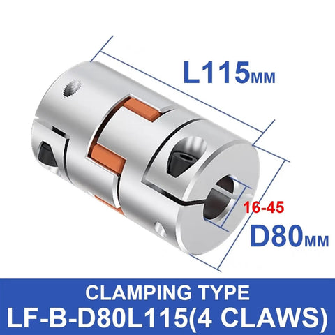 Heavy Duty Aluminum Shaft Coupler With Jaw Spider Design Clamping Motor Encoder Adapter 16mm To 45mm, 115mm length and D80mm diameter.
