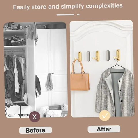 Before and after image showcasing the Foldable Wall Mounted Coat Hook Built With Heavy Duty Steel to organize jackets and bags.