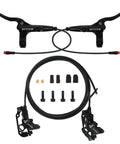 Four Pistons Hydraulic Disc Brake Set for Electric Bikes and Mountain Bikes with aluminum calipers, pre-bleed hoses and accessories.