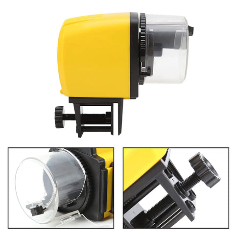 Dead Simple Automatic Fish Feeder With Battery Powered Digital Timer And Sleek LCD Panel in yellow with adjustable clamp.