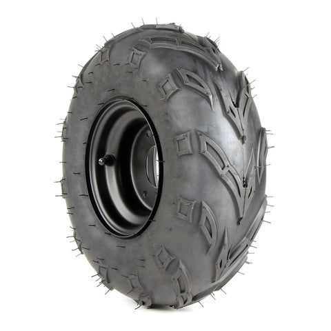 Side view of versatile 145/70-6 ATV go kart wheels set with tubeless tire, left hub visible, fits quad ATV UTV lawn mower.