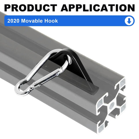 Eight Pack Heavy Duty Black Sliding Hooks For 2020 Extrusion T Slot Frames attached to gray aluminum t-slot profile.