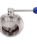 Front view of Beefed Up Heavy Duty Sanitary Butterfly Valve With Pull Handle 304 Stainless Steel Four Inch Tube OD Tri Clamp Clover