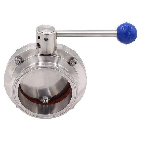 Front view of Beefed Up Heavy Duty Sanitary Butterfly Valve With Pull Handle 304 Stainless Steel Four Inch Tube OD Tri Clamp Clover
