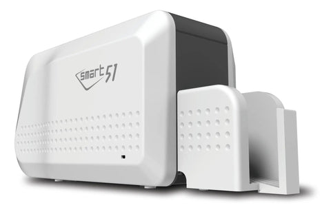 Kickstart Your Operations With This Slick Single Sided ID Card Printer And Supplies Bundle Featuring Fast Dye Sublimation Tech, white design.