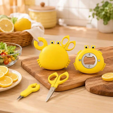 Magnetic Crab Shaped 4-in-1 Multi Tool Box Cutter With Bottle Opener And Handy Mini Scissors on kitchen counter
