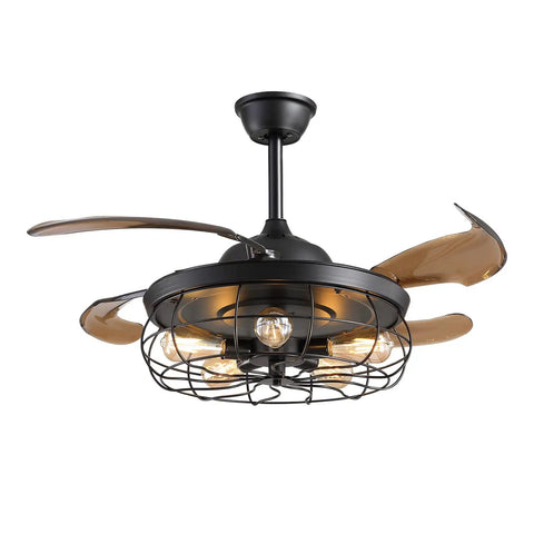 42 Inch Slick Industrial Retractable Ceiling Fan With Lights And Remote Retro Black Cage Chandelier Style Fandelier