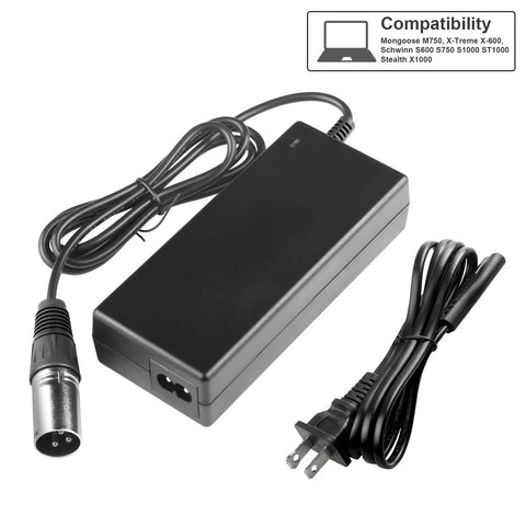 44V Lead Acid Battery Charger For 36V Scooters And E Bikes With 3 Pin Male XLR Connector shown with cords