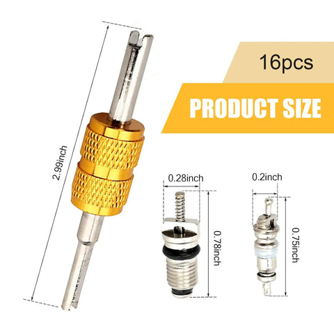 16 Piece Air Conditioning Valve Core Kit With Schrader Cores, Remover Tool, Service Valves And HVAC System Charging Port Seal Caps Multicolor product size