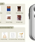 Rechargeable 2 In 1 Bag Sealer with Cutter and Magnet showing compatible and non-compatible bag types
