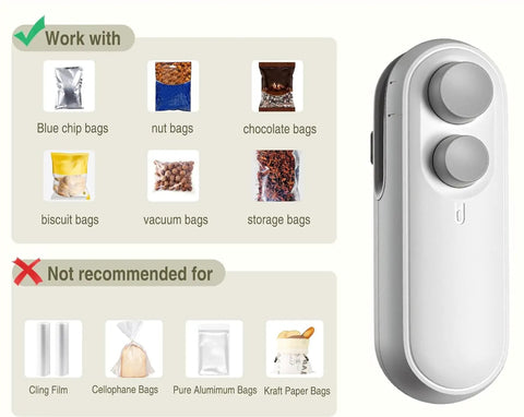 Rechargeable 2 In 1 Bag Sealer with Cutter and Magnet showing compatible and non-compatible bag types