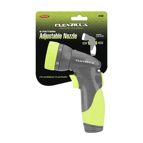 Front view of Six Pattern Adjustable Garden Hose Nozzle Sprayer with Easy On Off Toggle in packaging
