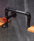 Industrial Iron Pipe Wine Rack For Home Bar Flex showing black pipe support with red valve and wooden shelf.