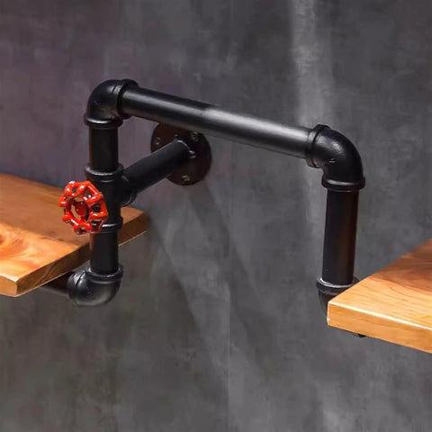 Ultimate Industrial Iron Pipe Wine Rack Legit Vintage Home Decor Shelf showcasing black steel pipes and red valve detail.