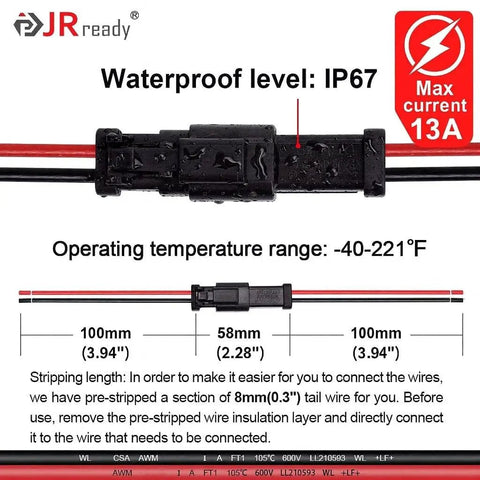 Image of 2 Pin Deutsch Connector Kit For Cars And Projects, Waterproof IP67 DT04-2P DT06-2S Pigtail Harness, showing dimensions and specs.