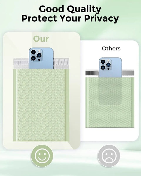 Mint Green Bubble Mailers 6x10 Outer, 6x9 Usable Size Self Seal Padded Envelopes image comparison with phone