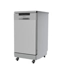No Sweat Portable Dishwasher In Brushed Platinum Steel Compact Countertop Appliance with wheels for easy mobility.