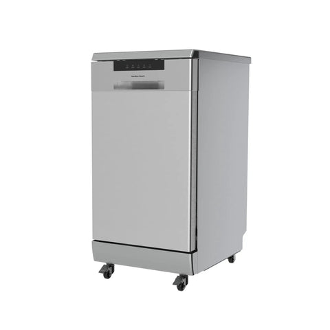No Sweat Portable Dishwasher In Brushed Platinum Steel Compact Countertop Appliance with wheels for easy mobility.
