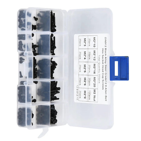 Beefy Pro Grade M2 X 3 20mm 12 9 Grade Black Alloy Steel Hex Socket Screws Bolts And Nuts Kit in plastic case with compartments