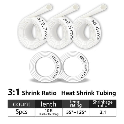 Five Size Heat Shrink Tubing Kit With Adhesive Lined For Marine Grade Waterproof Insulation And Sealed Protection Oil Proof And Wear Resistant Includes Five Diameter Sizes From Small To Large And Ten Feet Total Length For Home And Industrial Use White