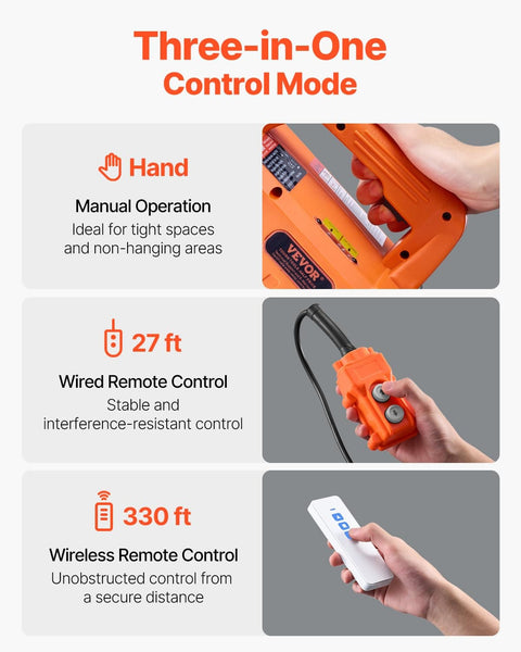 Three-in-One Control Mode for 3 In 1 Electric Hoist Winch 1100 Lb Capacity 1500W Portable Power Winch 30 Ft Lift Height 16 Ft Per Minute Lifting Speed With Wire Rope And Wireless Remote Control For Garage Warehouse Factory Lifting And Towing