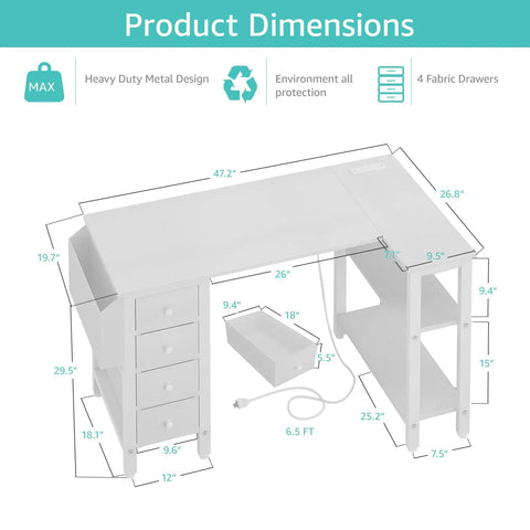 Dimensions of a White L Shaped Desk With Drawers And Storage Shelves 47 Inch Corner Reversible Computer Desk With Built In Power Strip And USB Ports