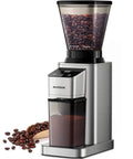 Conical Burr Coffee Grinder With 48 Grind Settings For Espresso, Drip And French Press, Upgraded Anti Static Tech, Precision Timer, And Boss Grade Stainless Steel Build front view with beans visible.