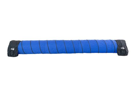 16 Foot Dog Agility Tunnel With Sandbag End Sets for Backyard Training, blue nylon, side view, durable easy setup obstacle course.