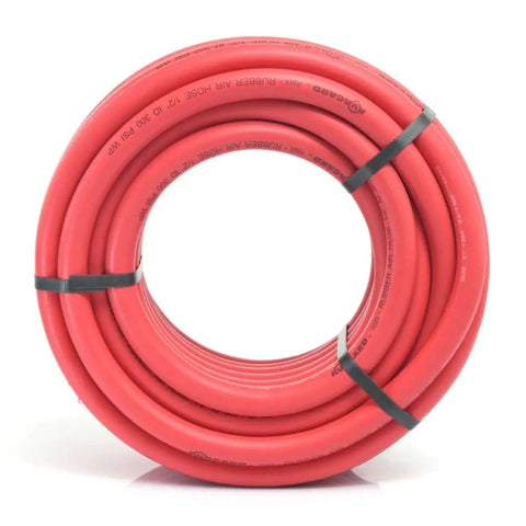 AvaGard Half Inch Air Hose Fifty Feet Heavy Duty Flex That Stays Flexible From Minus Forty To One Eighty Degrees Tough As Nails And Built To Last With UV Ozone And Abrasion Resistance For Years Of Use. Coiled red hose.