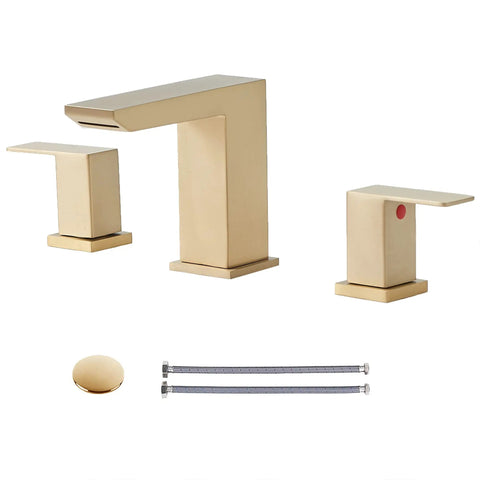 Sleek Brushed Gold 3 Hole Waterfall Bathroom Faucet With Dual Handles, Modern Vanity Sink Faucet Set, Easy Installation With Supply Hoses And Drain, 4.4 Inch Body, 5.5 Inch Spout Extension, Stylish Home Upgrade