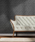 Top Shelf Sleek Silver Metallic Wallpaper Featuring Bold Geometric Dots And Textured Fibrous Finish With Paste The Wall Application For A Straight Up Dope Indoors Accent Wall Made In Usa applied behind a light-colored sofa.