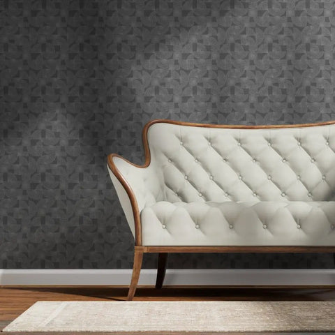 Top Shelf Sleek Silver Metallic Wallpaper Featuring Bold Geometric Dots And Textured Fibrous Finish With Paste The Wall Application For A Straight Up Dope Indoors Accent Wall Made In Usa applied behind a light-colored sofa.