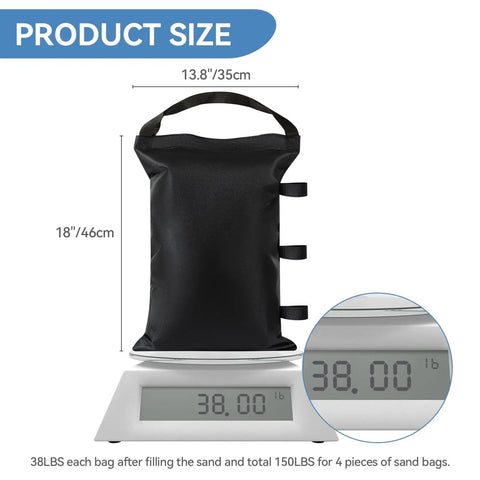 Heavy Duty Sand Bags For Canopy Legs Set Of 4 Empty Weight Bags on scale measuring 38 lbs each, size 18x13.8 inches.