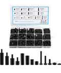 580 Piece M3 Black Nylon PCB Standoff Mounting Kit With Screws Nuts And Washers For PCB Installations Chassis And DIY Electronics Builds With Insulated Corrosion Resistant Spacers And Vibration Dampening Build Ready For Your Next Rig. Open case with sorted black nylon M3 standoffs and screws.