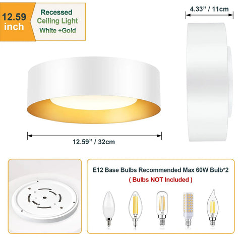 Modern Flush Mount Ceiling Light Fixture 12.5 Inch Round Close To Ceiling White And Gold Metal Minimalist Design diagram