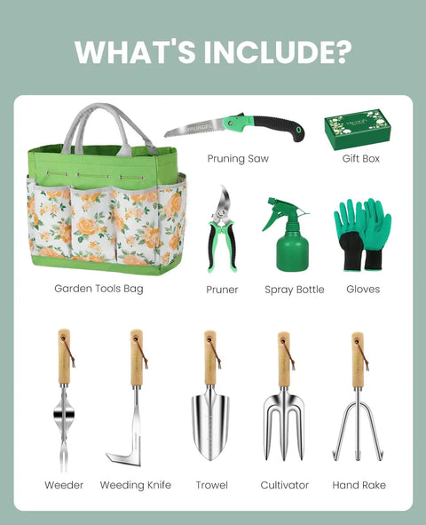 Top Notch 10 Piece Heavy Duty Garden Tool Set With Stainless Steel Tools And Wooden Handles Comes With Storage Bag contents