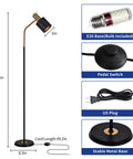Diagram of Tall 65 Inch Modern Industrial Floor Lamp with Black and Gold Copper Accents, showing 360 Degree Adjustable Lampshade, E26 Bulb