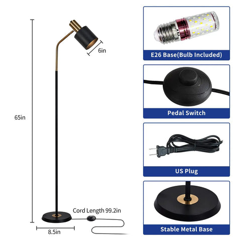 Diagram of Tall 65 Inch Modern Industrial Floor Lamp with Black and Gold Copper Accents, showing 360 Degree Adjustable Lampshade, E26 Bulb