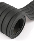 Heavy Duty Tailgate Saver And Rear Kickplate Defender Flex Tread Guard Shields Sill Against Deep Scratches And Scuff Marks While Hauling Grocery Bags Cargo Or Weekend Travel Gear For Tesla Cybertruck, black rubber material rolled up.