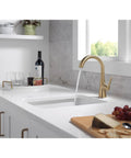 Modern Single Handle Bar Sink Faucet With Smooth Glide Lever And Slick Brushed Gold Finish For Totally No Sweat Single Hole Setup and countertop with wine.