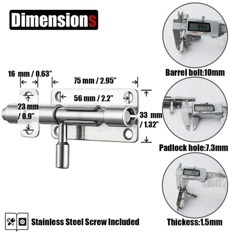 Dimensions of Heavy Duty 4 Inch Barrel Bolt Lock In 304 Stainless Steel For Doors Cabinets And Gates With Padlock Hole