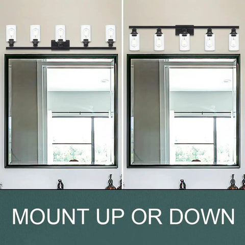 Farmhouse Style 5-Lights Vanity Sconce Set With Clear Glass Shades Black Metal Backplate Wall Lighting For Bathroom Mounted Up