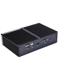Rear view of Hella Reliable Rock Solid Intel Core I5-5200U Quad Gigabit Ethernet Mini PC Barebone Aluminum Chassis with ports.