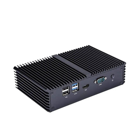 Rear view of Hella Reliable Rock Solid Intel Core I5-5200U Quad Gigabit Ethernet Mini PC Barebone Aluminum Chassis with ports.