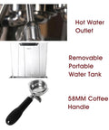 Semi Automatic Espresso Coffee Machine For Home Or Small Cafe Pro Grade Coffee Maker With Temperature Control Easy Maintenance Filter Replacement Alerts 220V showing hot water outlet, removable water tank, and 58mm handle.