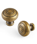 Real Deal Antique Brass Cabinet Knobs 1 1/4 Inch Round Sunburst Design, Premium Vintage Hardware For Cabinets, Heavy Solid Feel, Timeless Gold Patina, 6 Piece Set For Quick Upgrade, close-up view of domed sunburst design