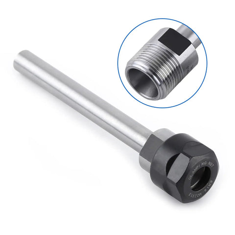 Heavy Duty Straight Shank C12 Collet Chuck Holder With ER16 Ground Clamping For CNC Milling And Lathe Deep Rod Extension Work High Rigidity 100mm Length image showing a silver steel rod with a black nut clamp.