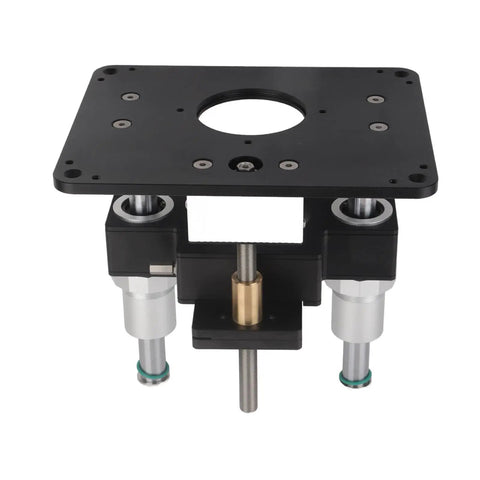 Premium Aluminum Router Lift System Delivering Butter Smooth Height Tweaks For Flawless Tenoning And Grooving Builds Solid Black Finish, top view.