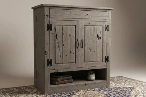 Chill Coastal Beachwood Water Based Wood Stain Zero VOC For Interior And Exterior Use Features A No Sweat Brush On Formula With Reactive Tannin Popping Delivers A Totally Fresh Sun Washed Finish In A Massive Five Gallon Drum on a rustic cabinet with black hardware.
